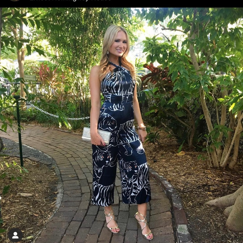 Navy jumpsuit with tiger print